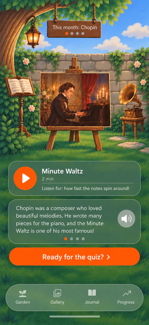 Learn: this month's composer is Chopin. Children listen to the Minute Waltz, hear a short story about him, then take a quiz